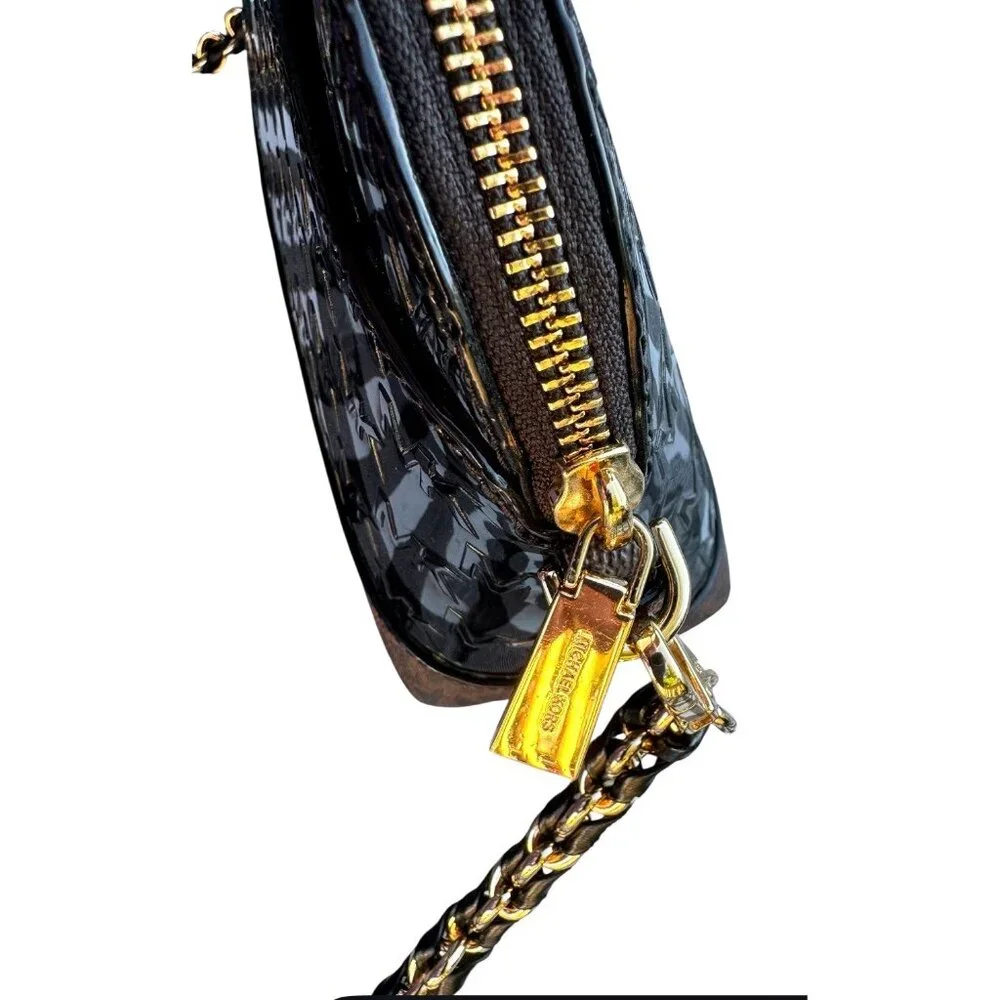 Michael Kors Dome Crossbody Bag Bl‎ Patent Leather Brown Monogram Gold Hardware